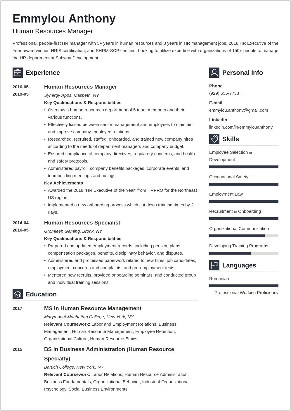 Hr Manager Job Responsibilities For Resume