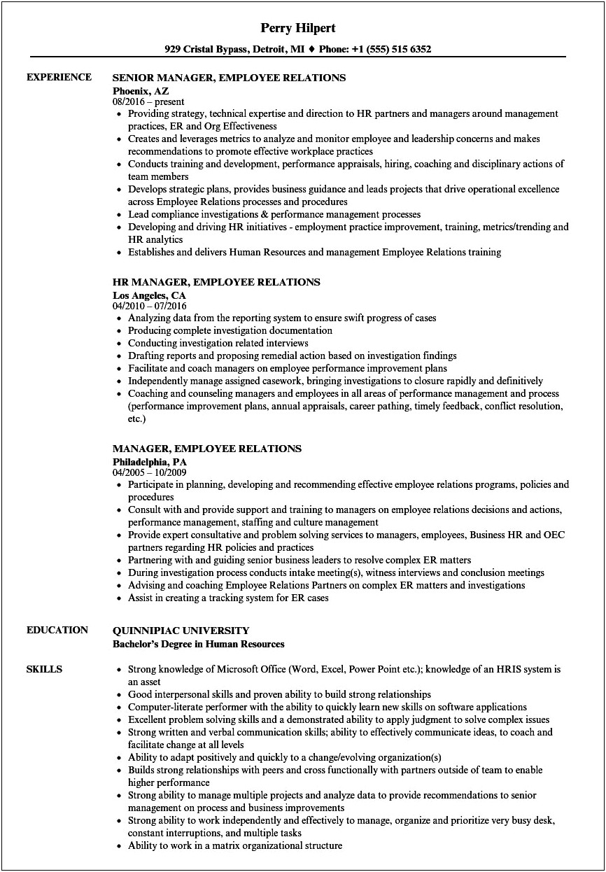 Hr Manager With Union Experience Resume