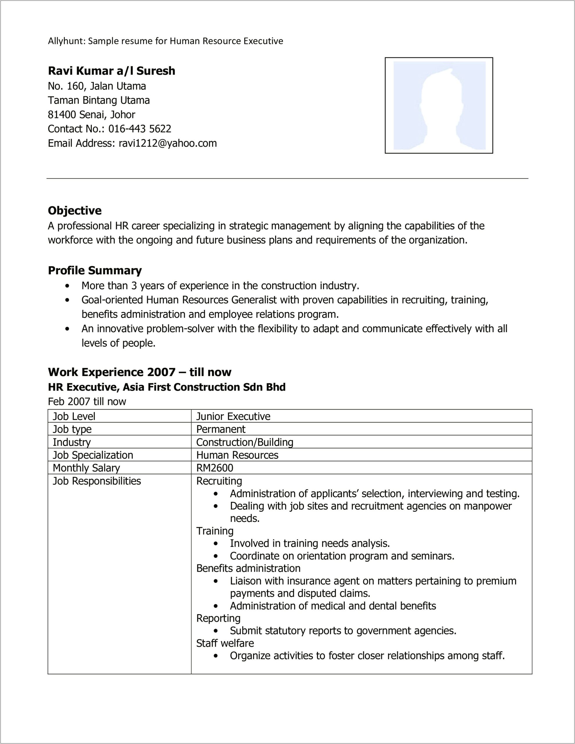 Hr Resume Format For 4 Years Experience