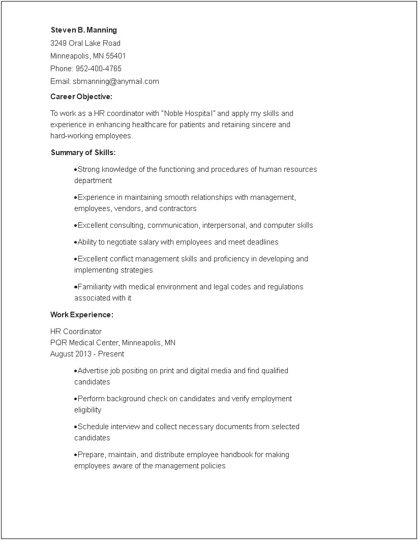 Human Resources Coordinator Resume Job Offer