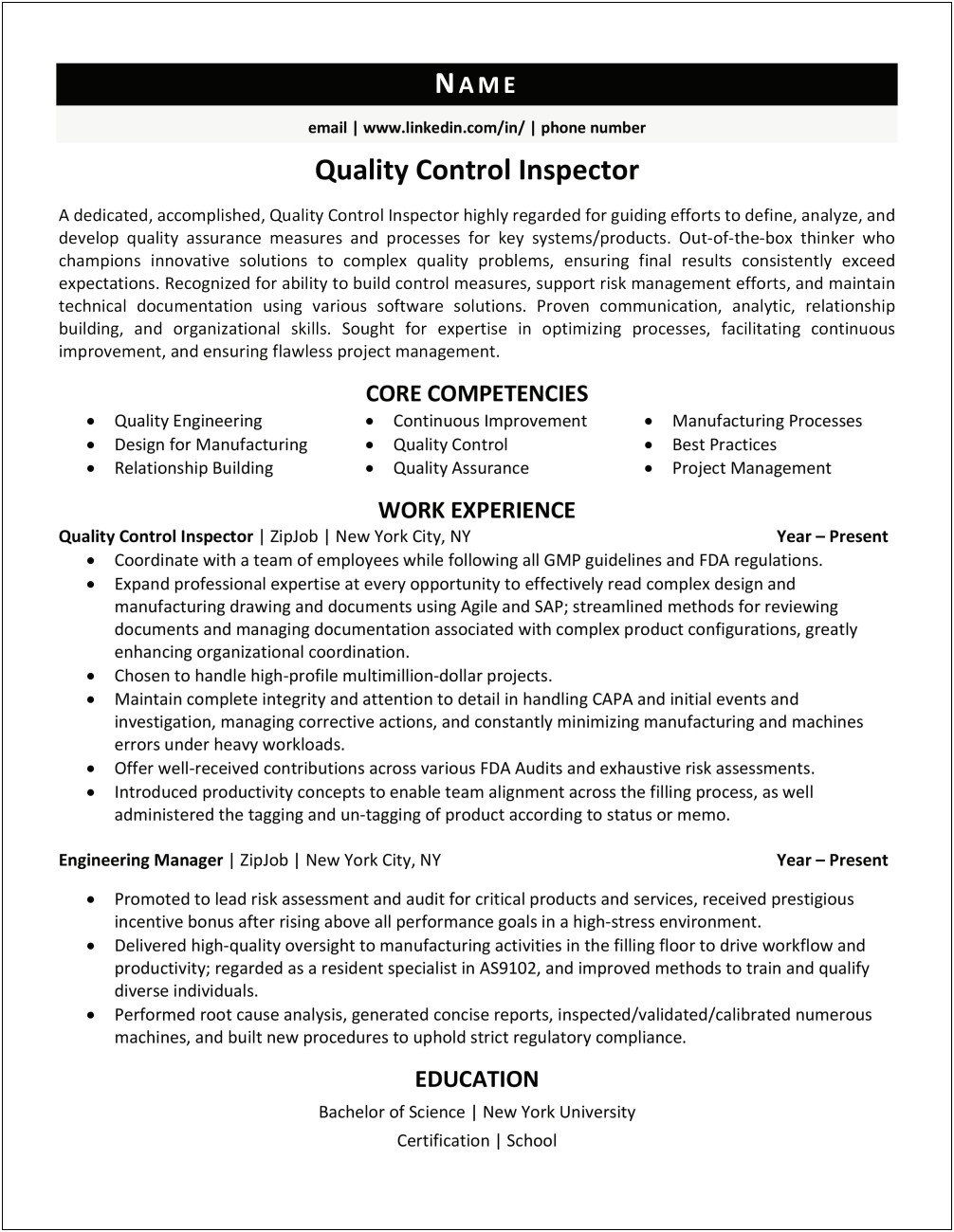 Hunter Industries Quality Control Job Description Resume