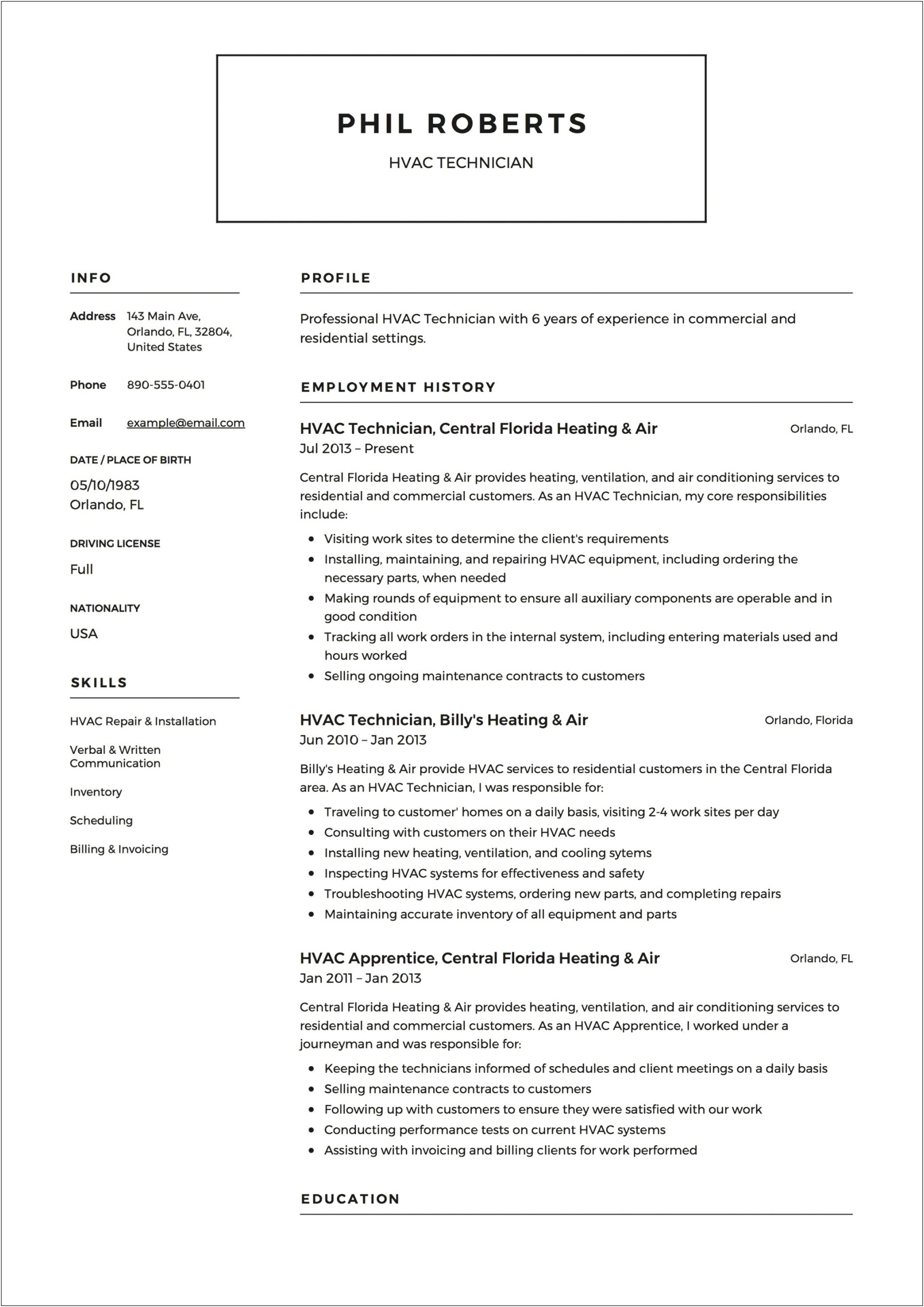 Hvac Technician Job Description On Resume