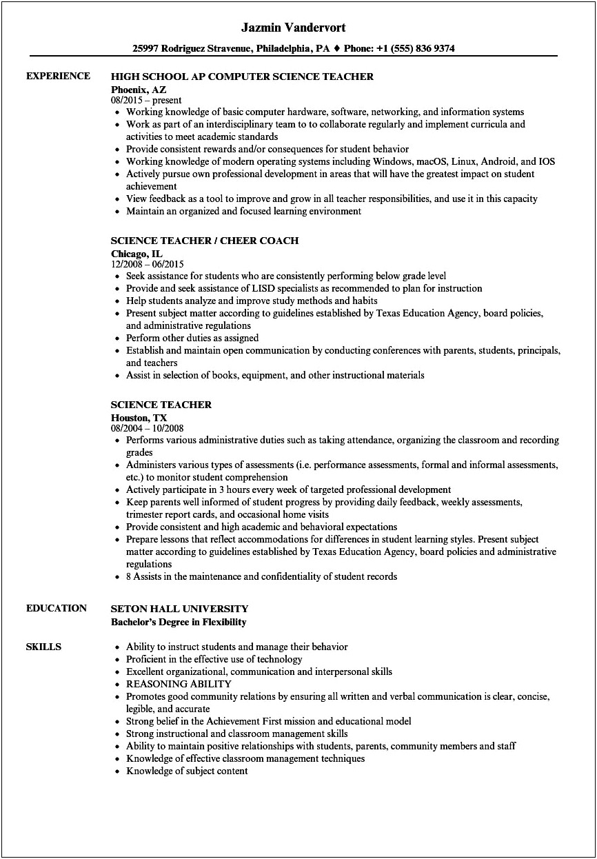 India Teacher Experience Resume Sample Download