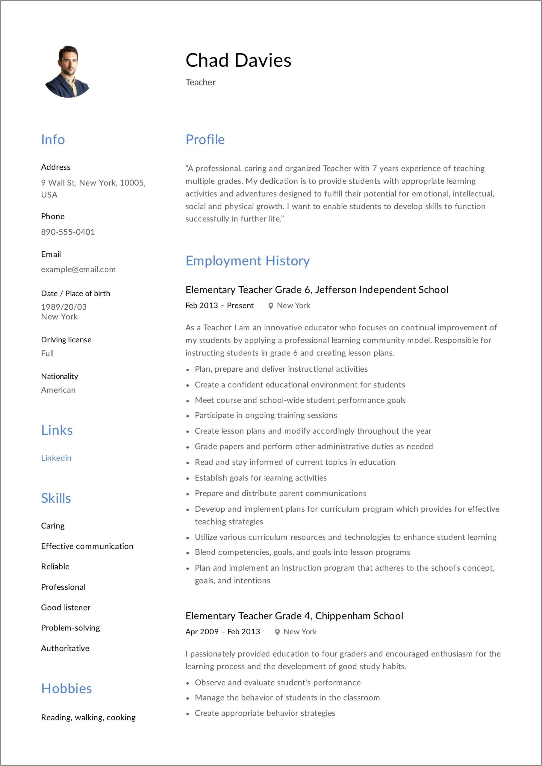 Indian Primary School Teacher Resume Sample