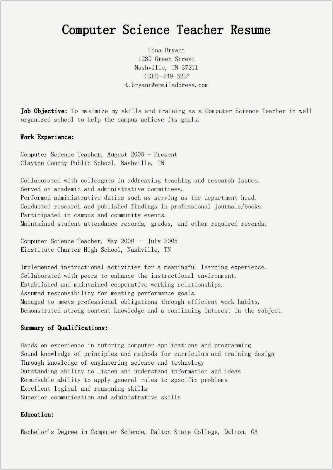 Indian Resume High School Teacher Cordinator