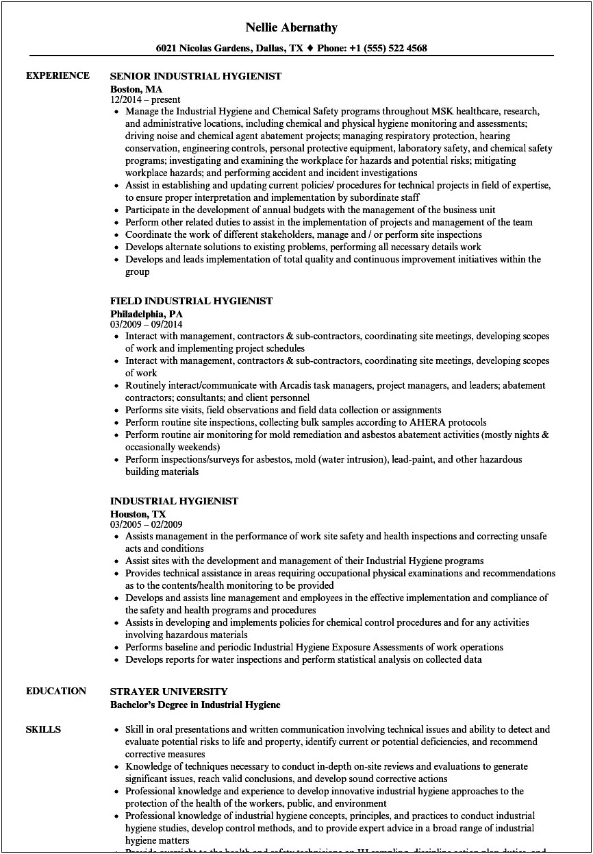 Industrial Hygene Job Descriptionduties Oon Resume