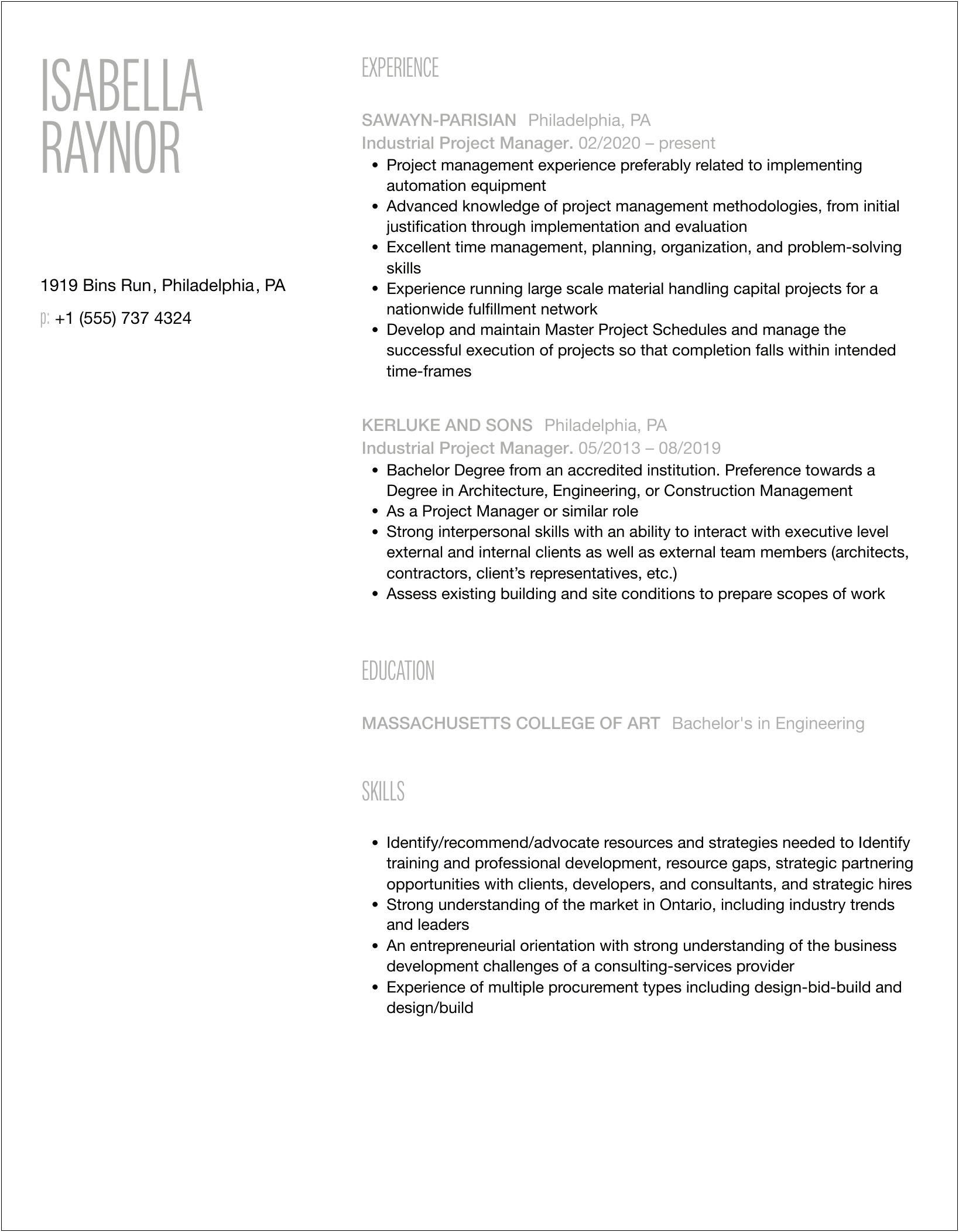 Industrial Project Management Achievements In Resume