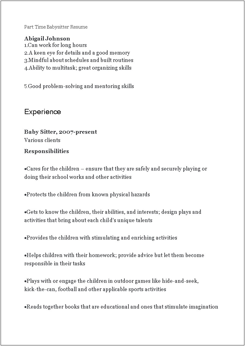 Infant Nanny Special Skills On Resume