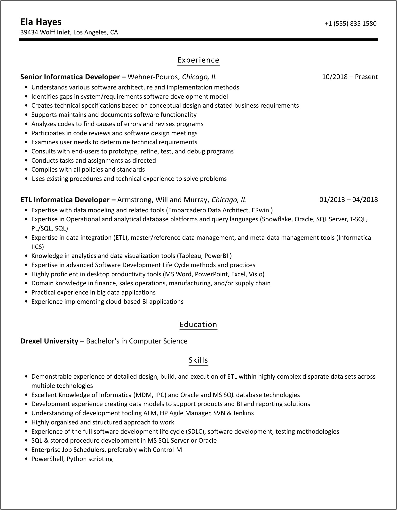 informatica sample resume for 3 years experience