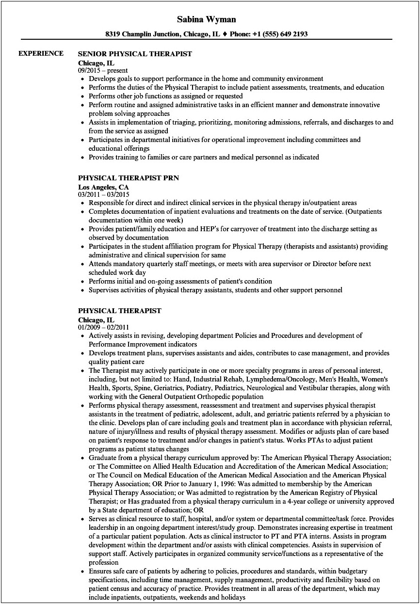 Inpatient Rehab Physical Therapy Description For Resume