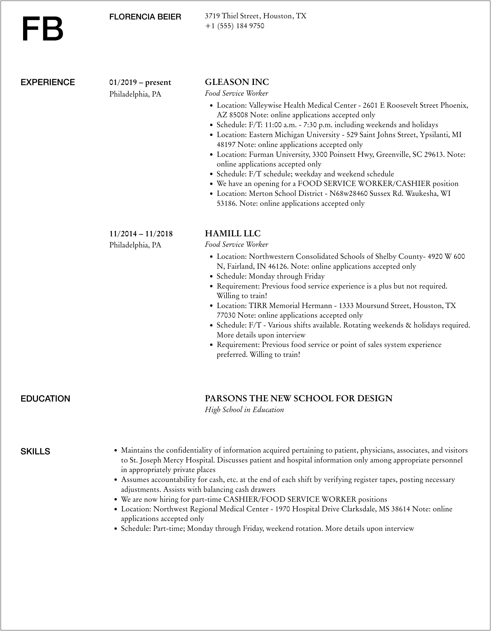 Institutional Food Service Worker Resume Sample