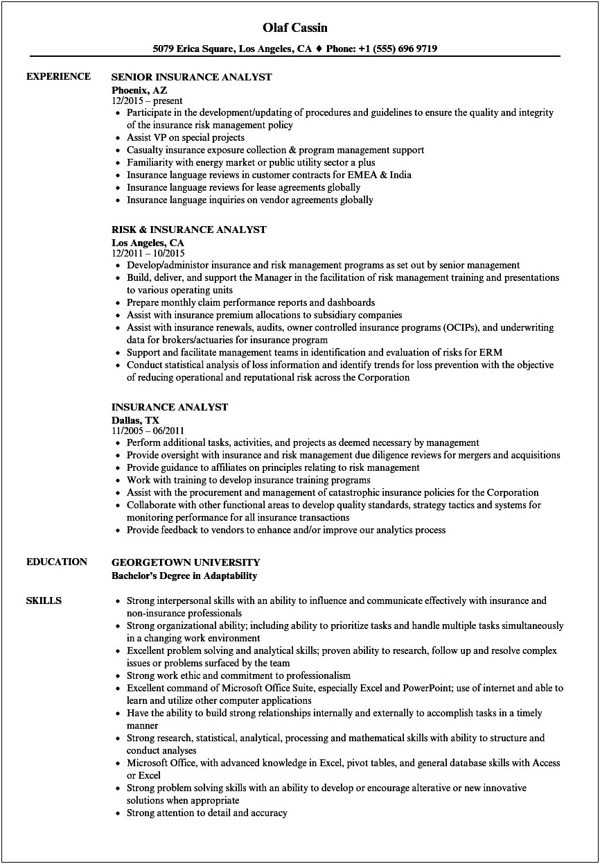 Insurace Account Analyst Summary Resume Sample