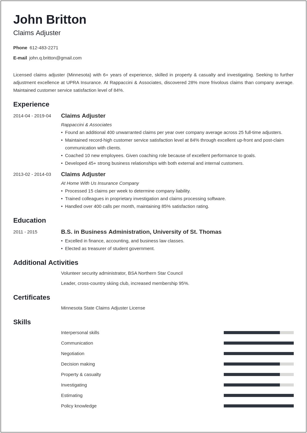 Insurance Claim Representative Job Description For Resume