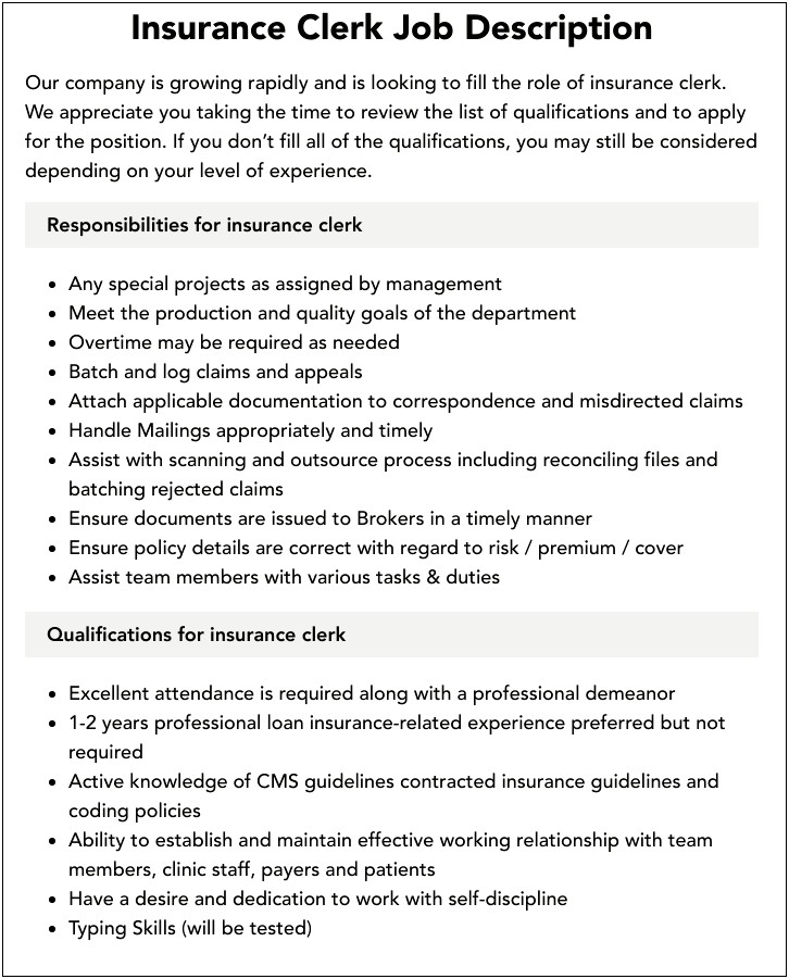 Insurance Clerk Job Description For Resume