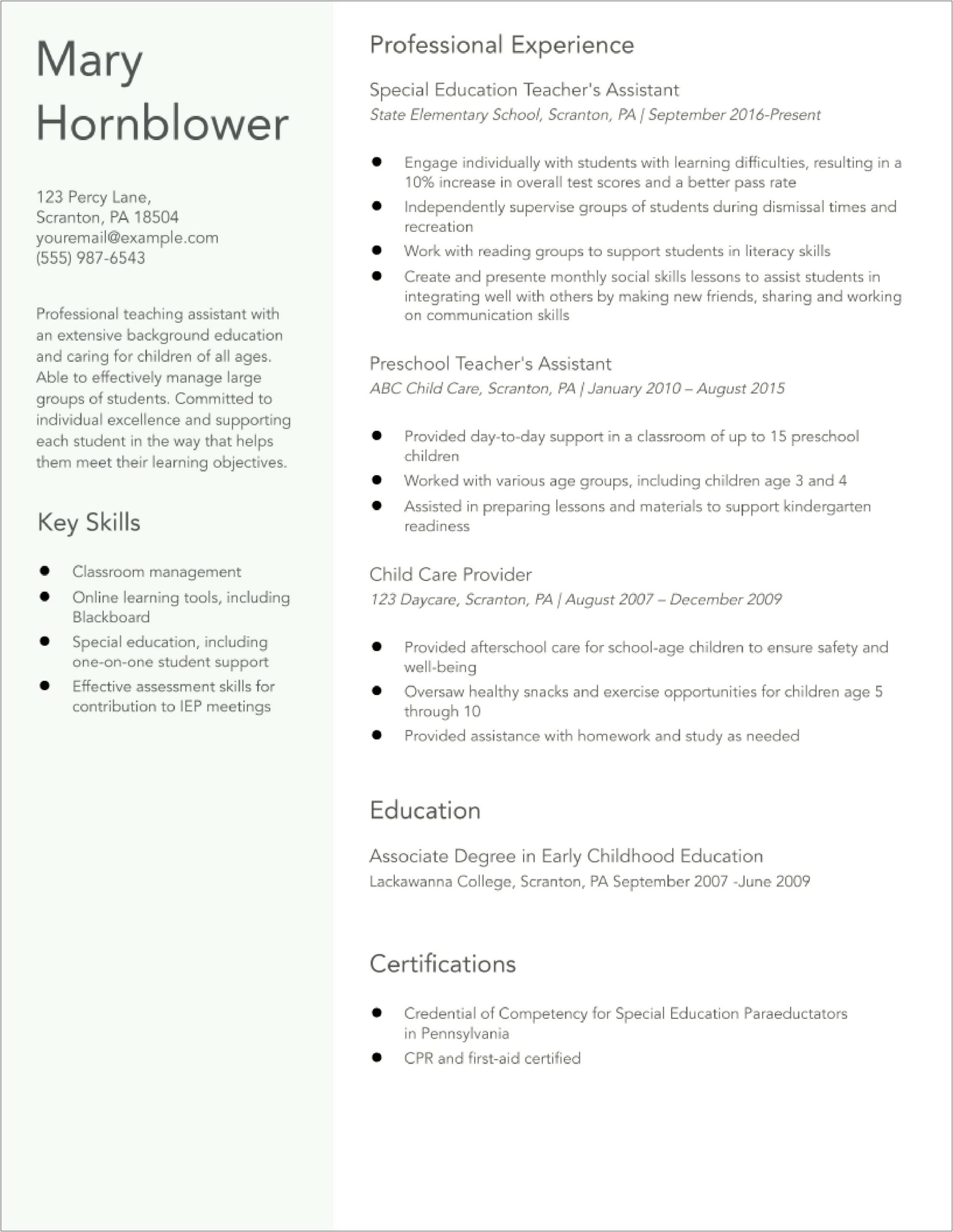 Intensive Learning Center Paraeducator Resume Skills