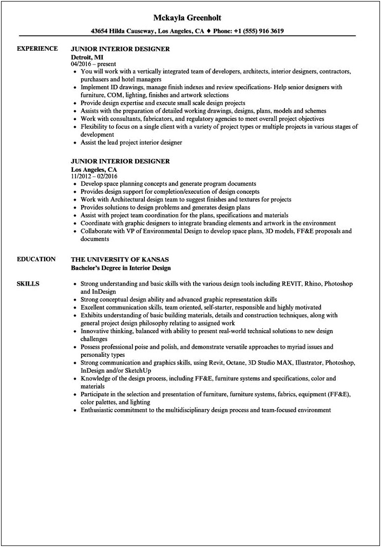 Interior Designer Project Manager Resume Example