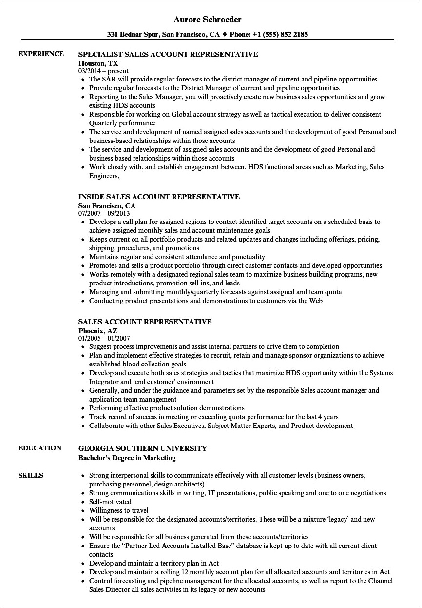 International New Account Representative Resume Examples