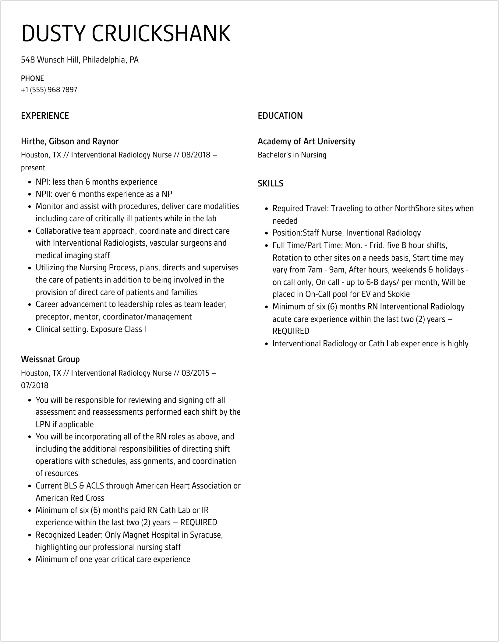 Interventional Radiology Nurse Resume Job Description