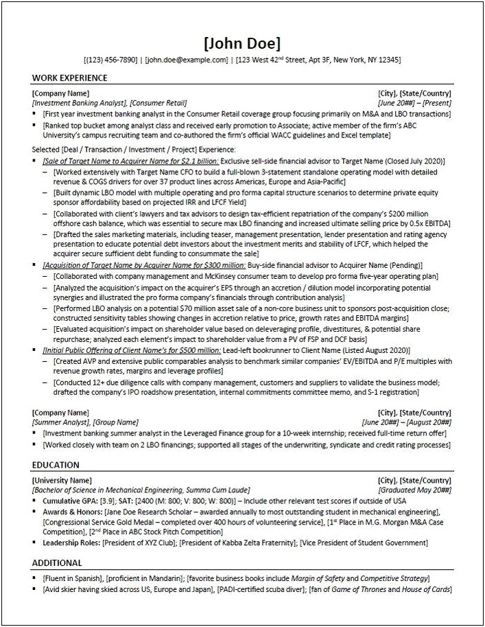 Investment Banking Student Club Description Resume