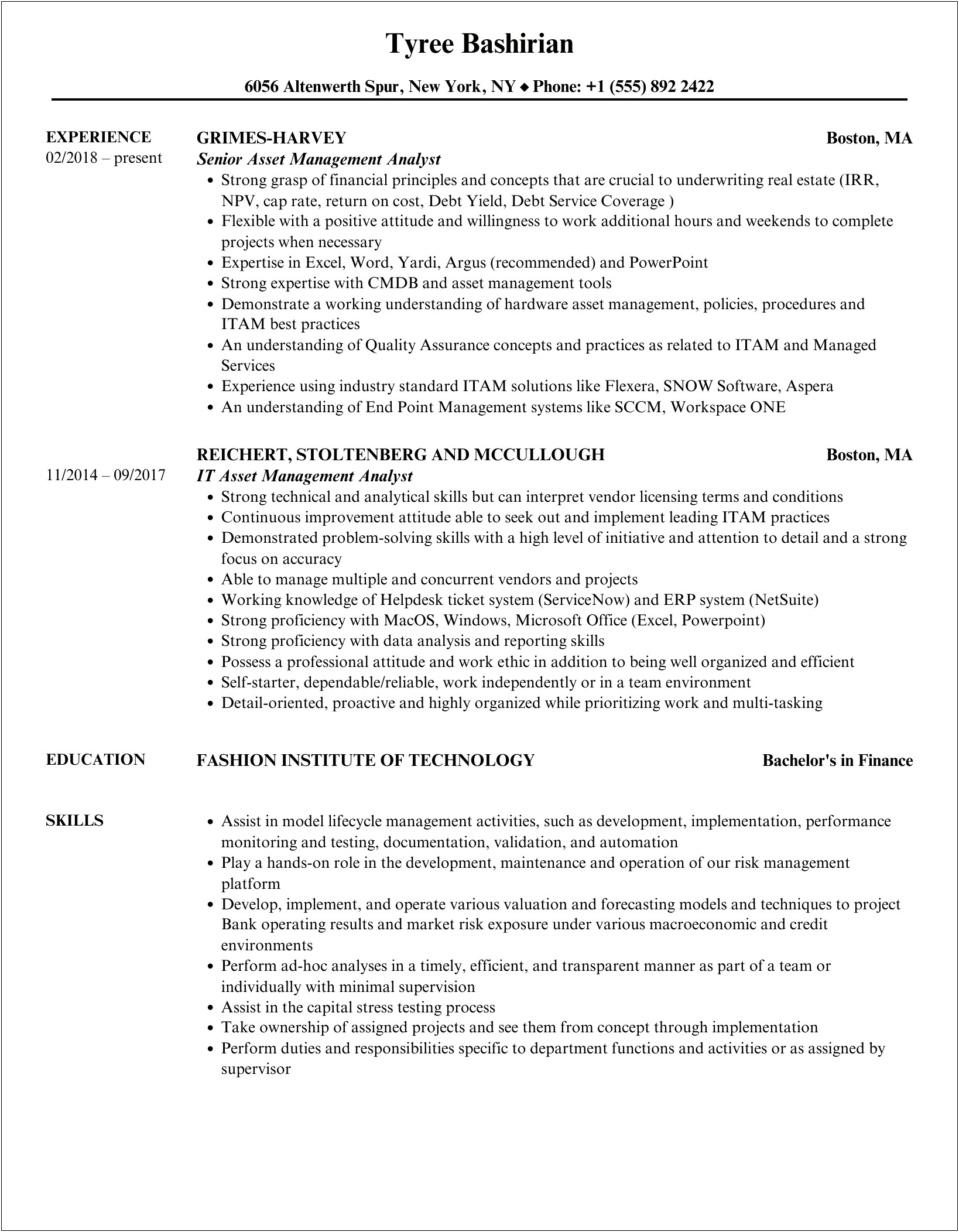 It Asset Management Analyst Resume Sample