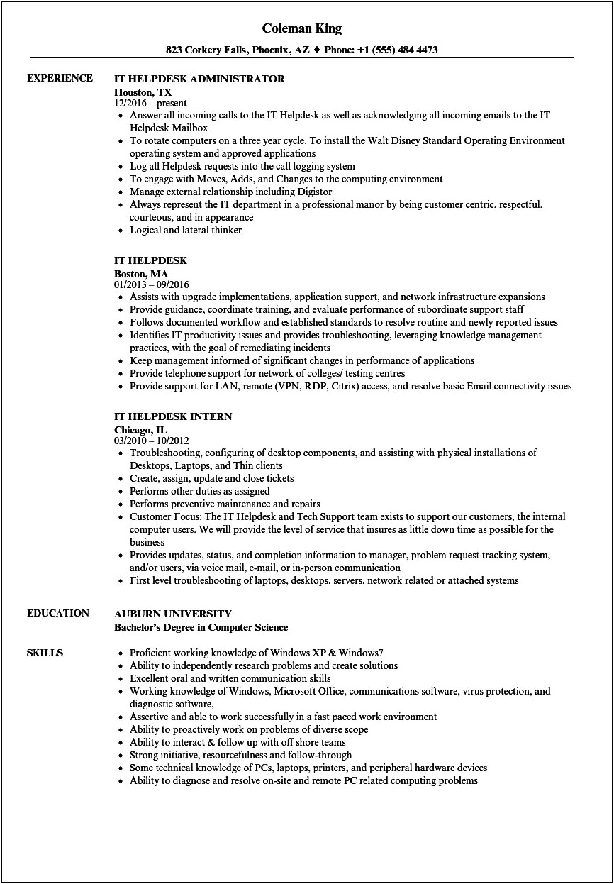 It Help Desk Tier 1 Resume Samples