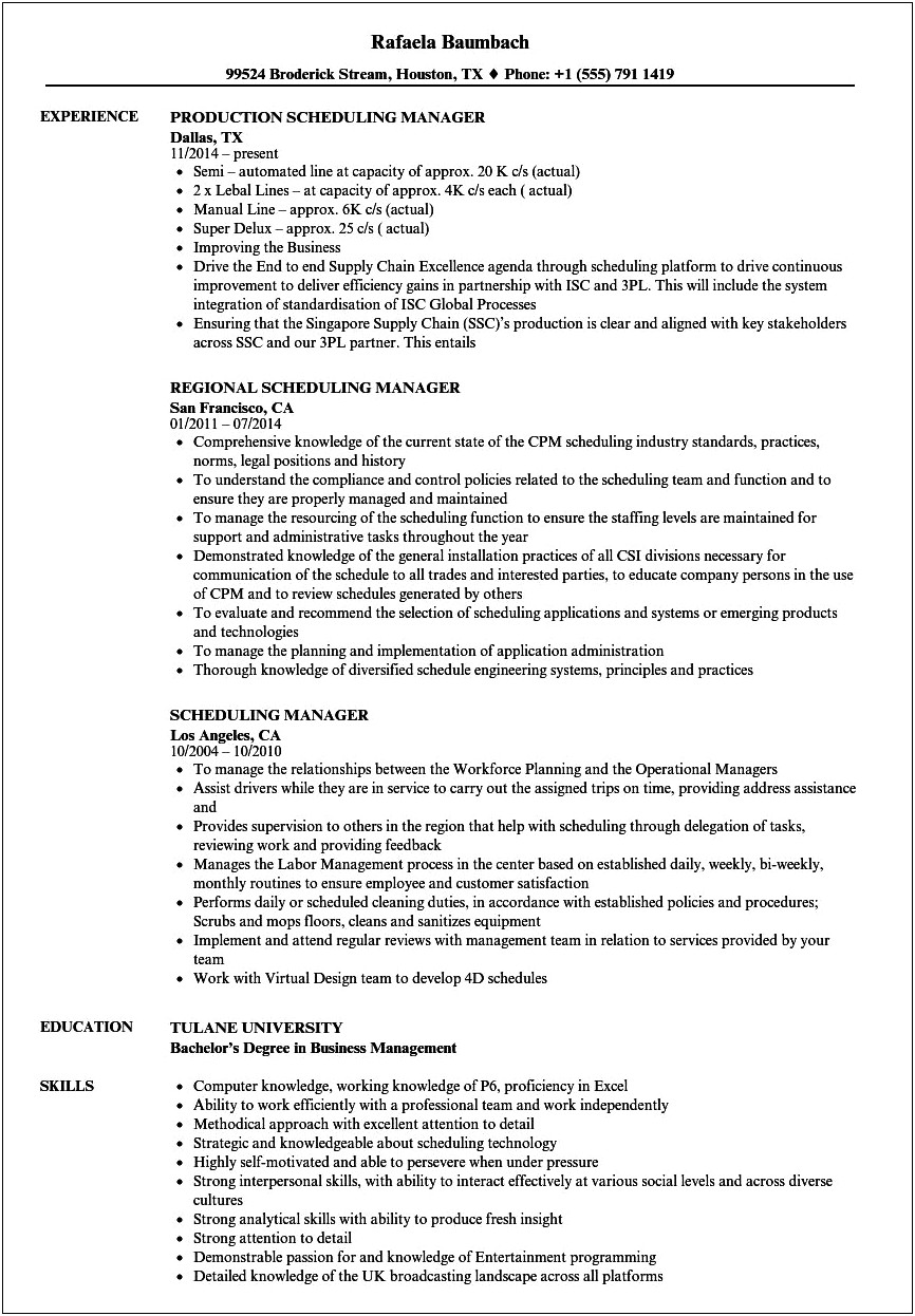 It Service Manager Resume Schedule Management