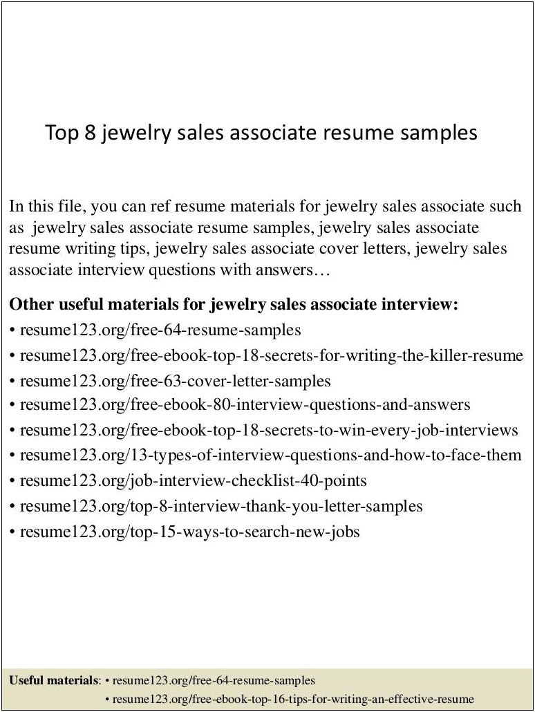 Jewelry Associate Job Description For Resume