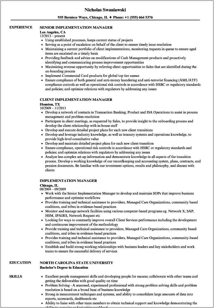 Job Change Teacher To Implementation Manager Resume