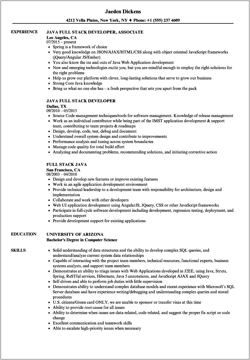 Job Description For Full Stack Developer For Resume