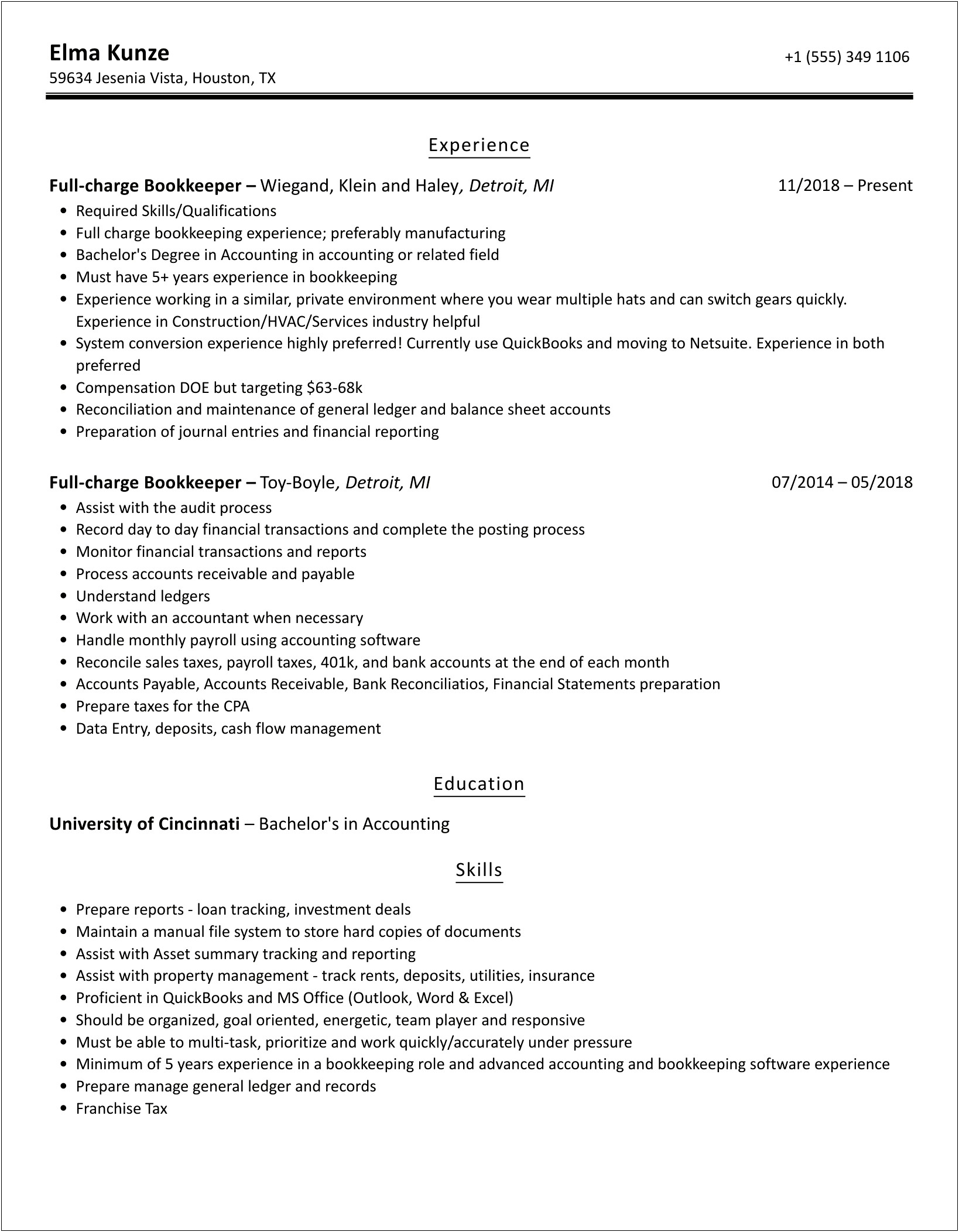 Job Description For Resume Full Charge Bookkeeper