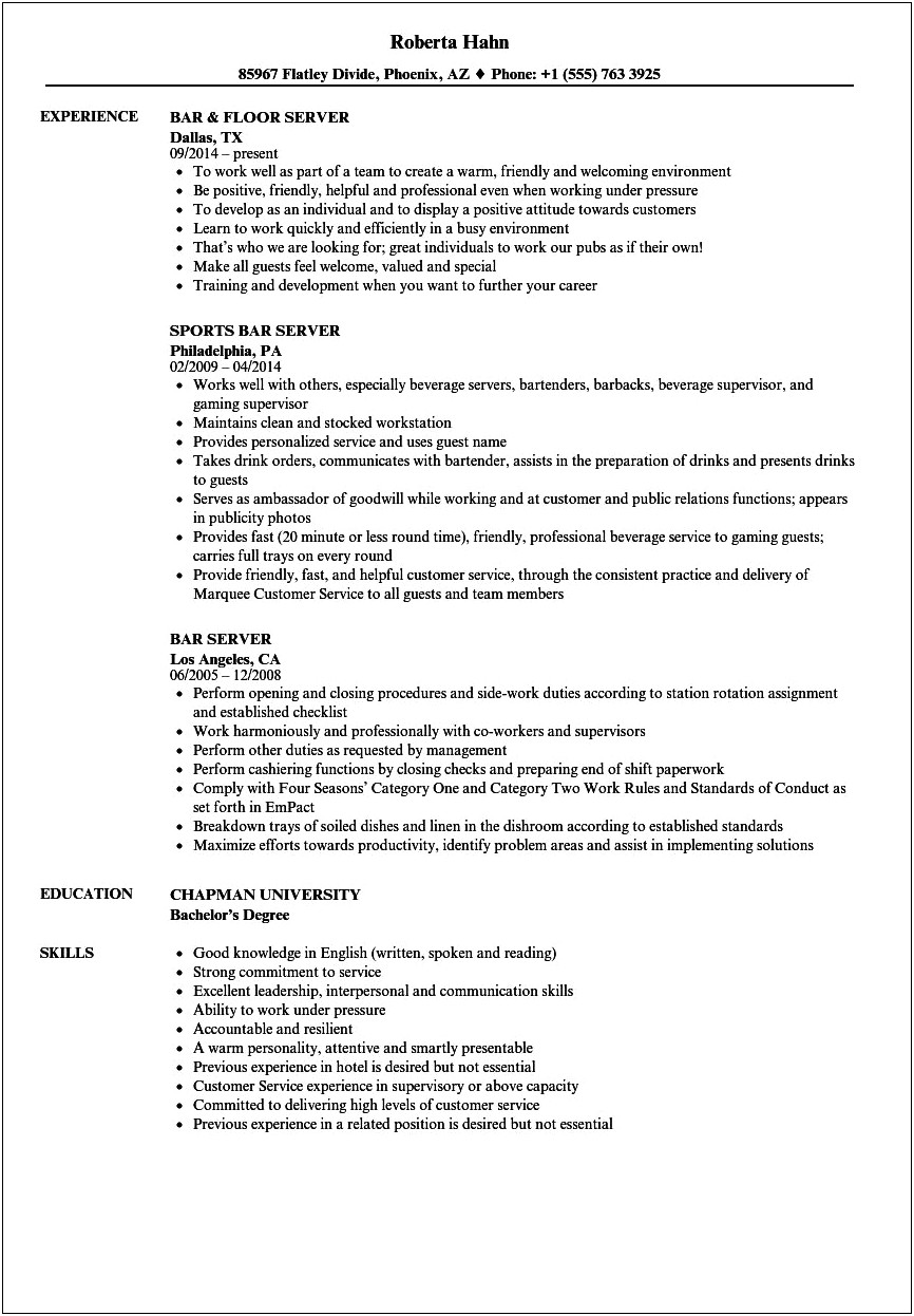 Job Description For Server On Resume Cash Handling