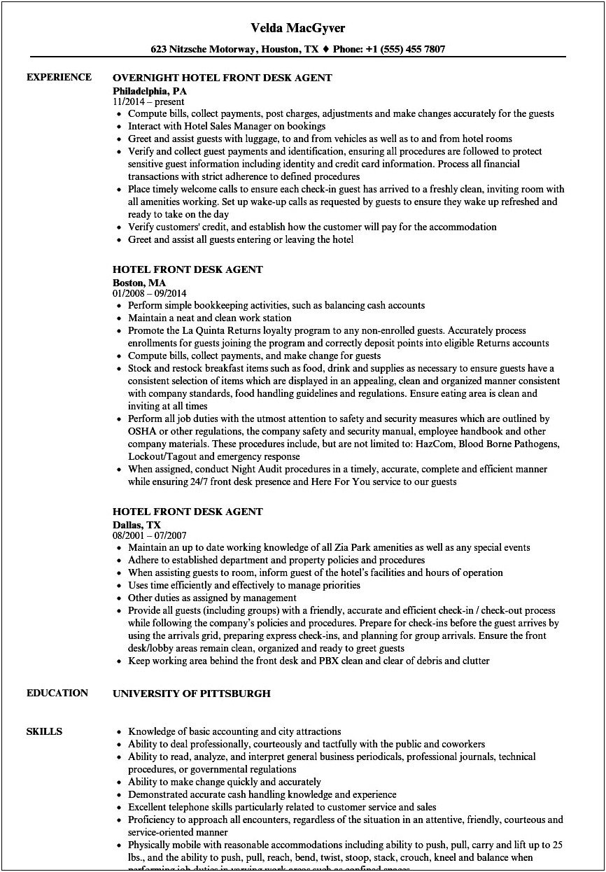 Job Description For Welcome Desk For Resume