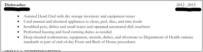 Job Description Of Dishwasher For Resume