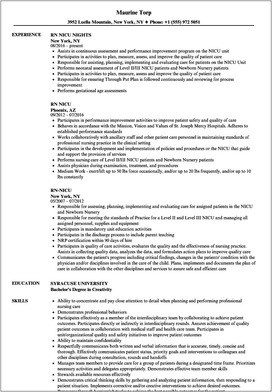 Job Description Of Nicu Nurse For Resume