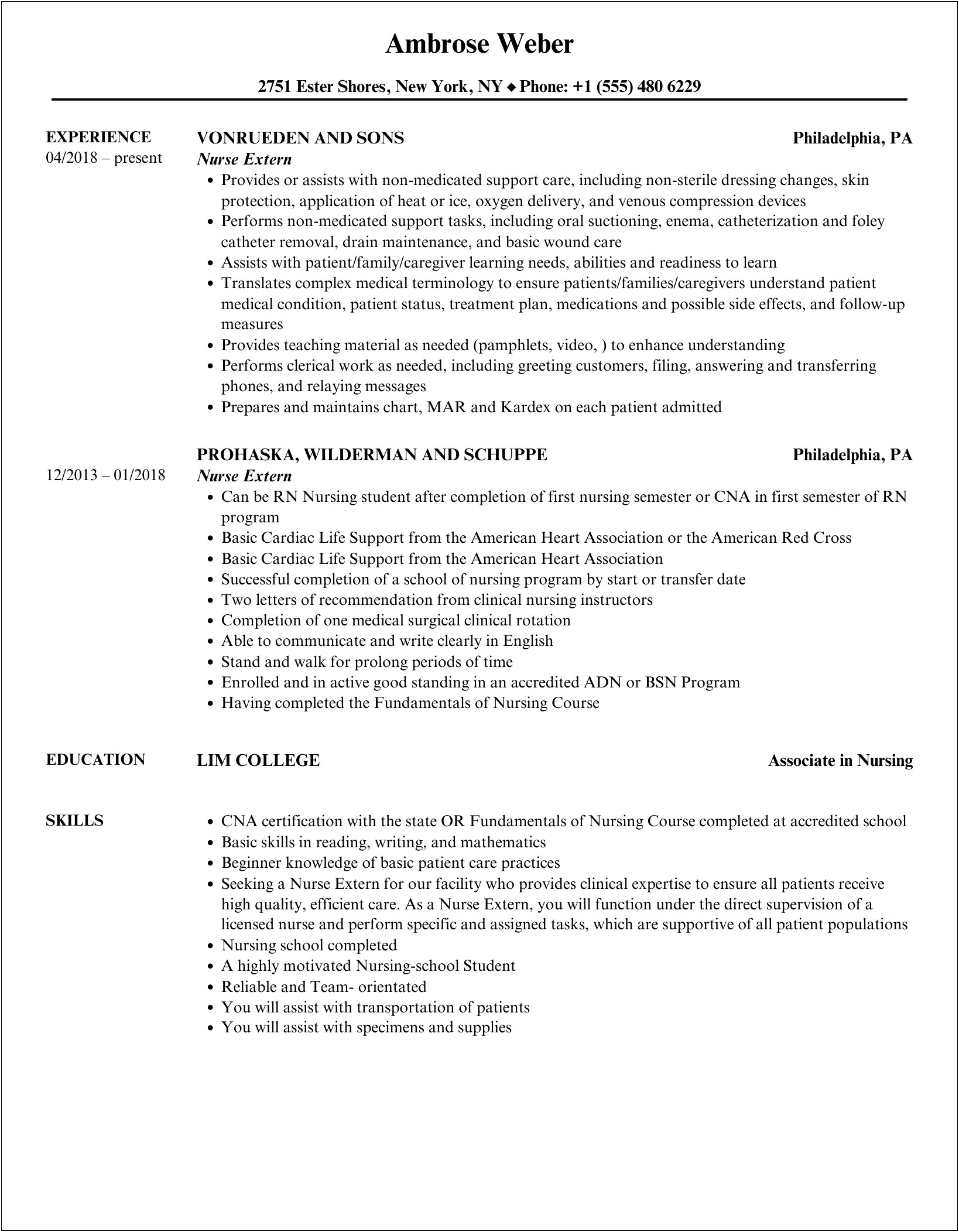 Job Description Of Nurse Extern For Resume