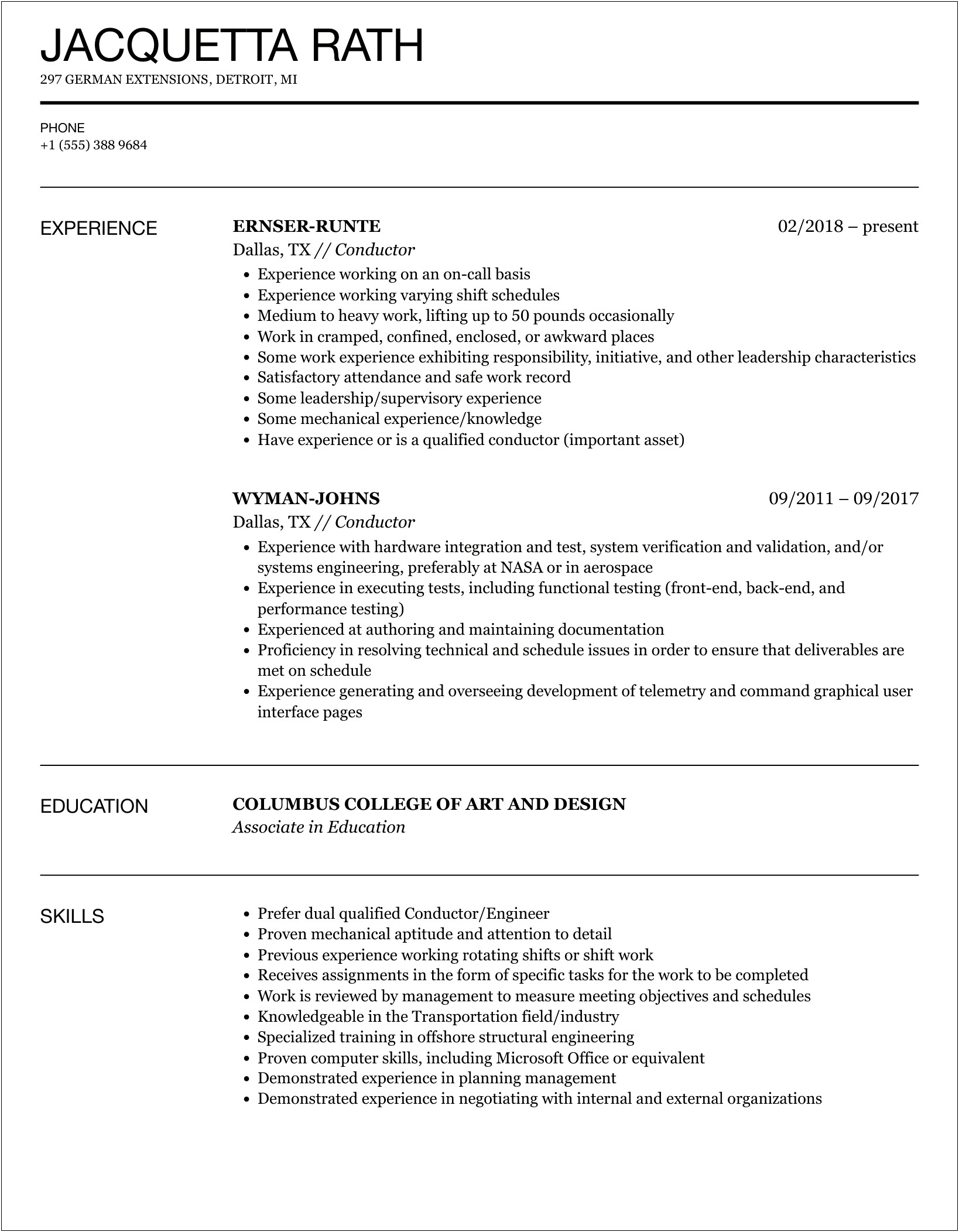 Job Description On Resume For Conductor