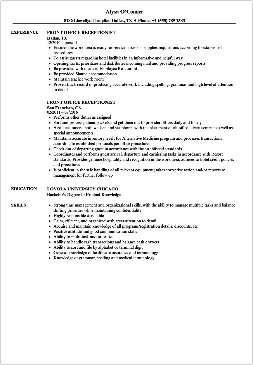 Job Description Receptionist Responsibilities For Resume