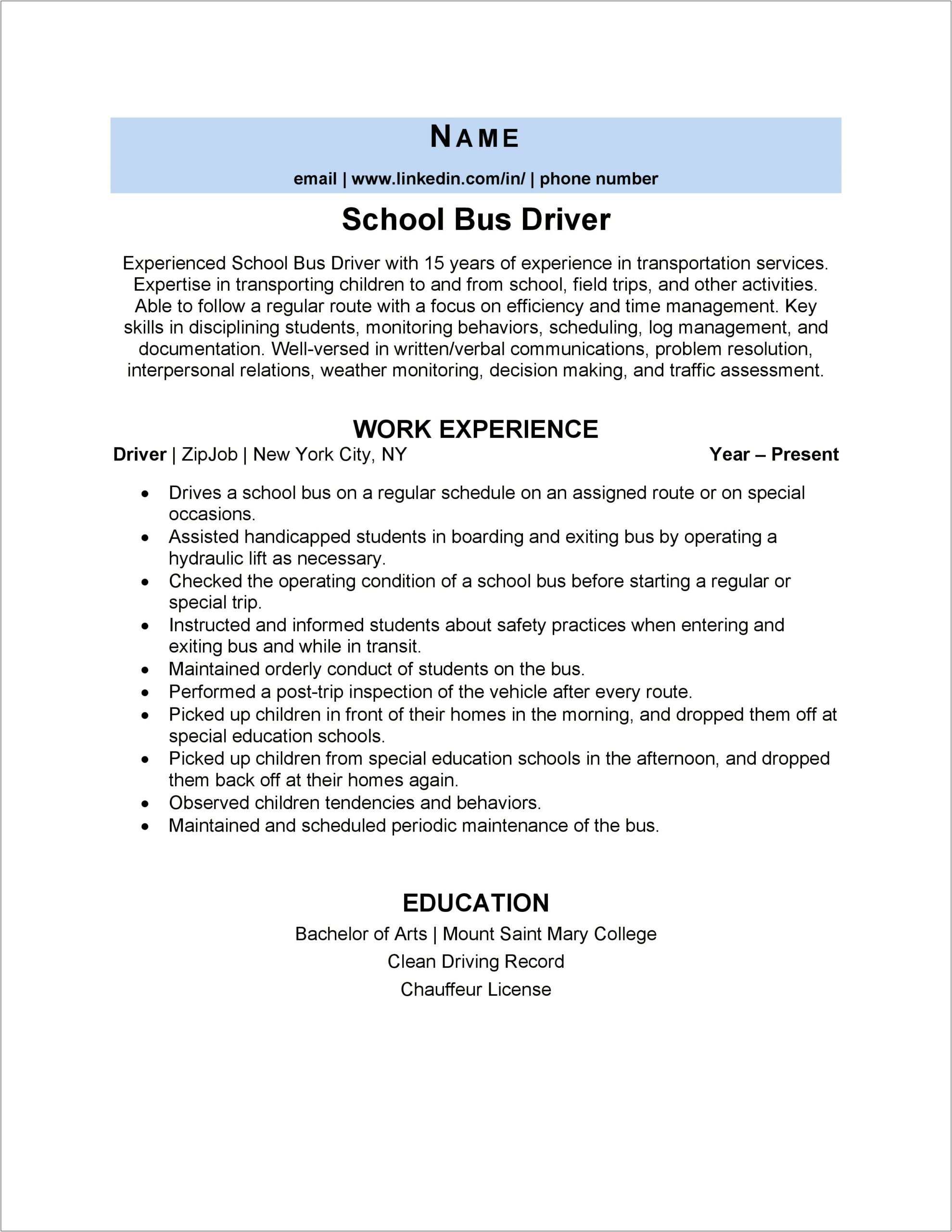 Job Description School Bus Attendant Resume