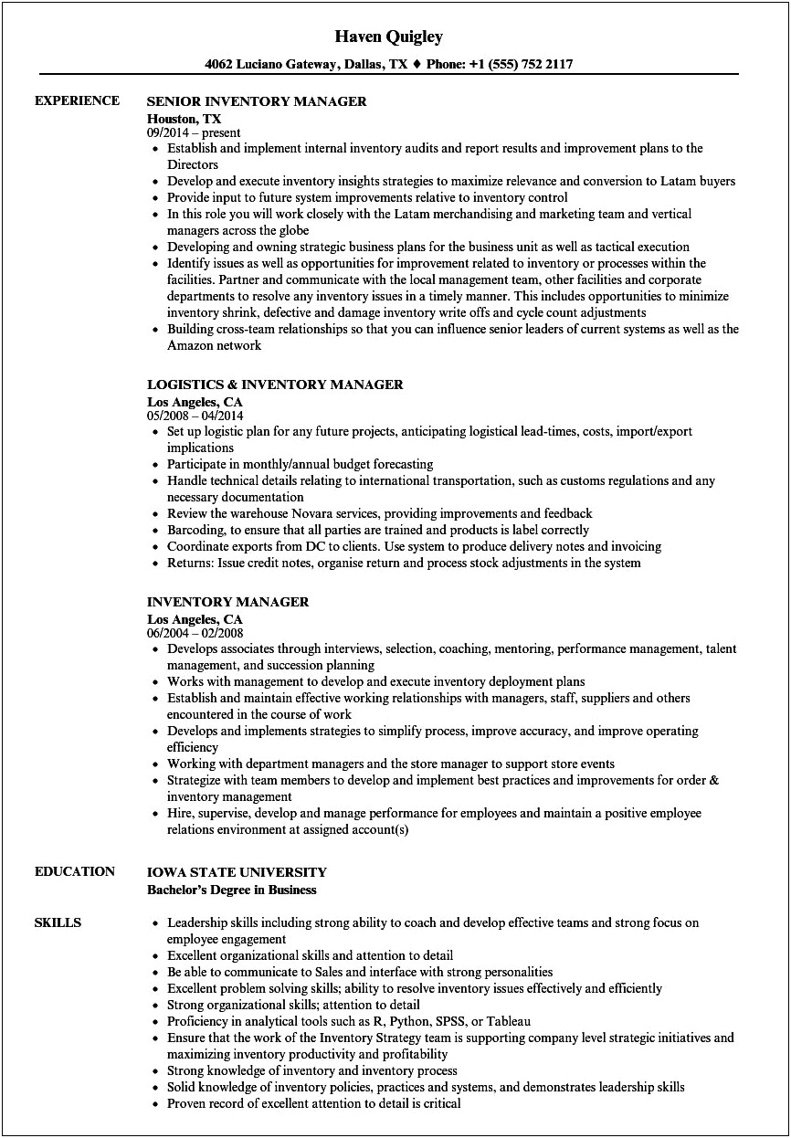 Job Qualificaton Warehouse Management Resume Samples