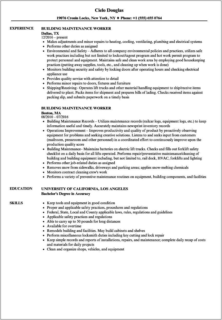 Job Resume Objective For Maintance Person