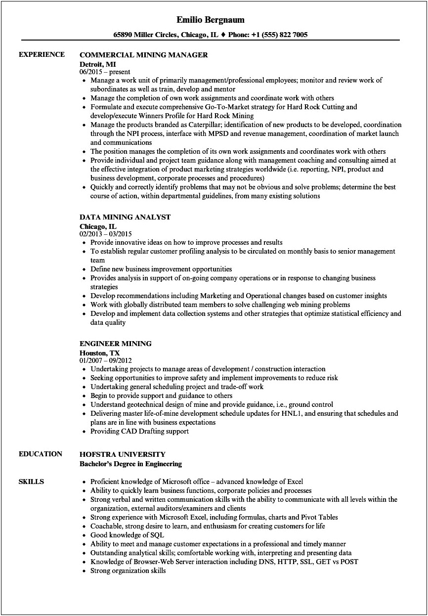 Job Skills For Coal Miner Resume