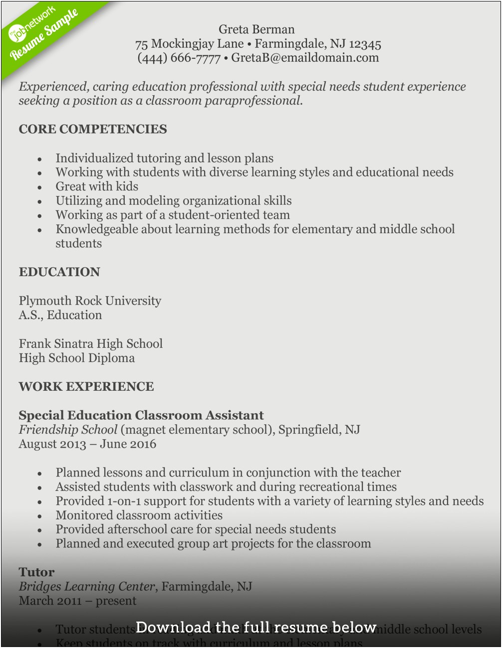 Job Title In Resume For Teacher