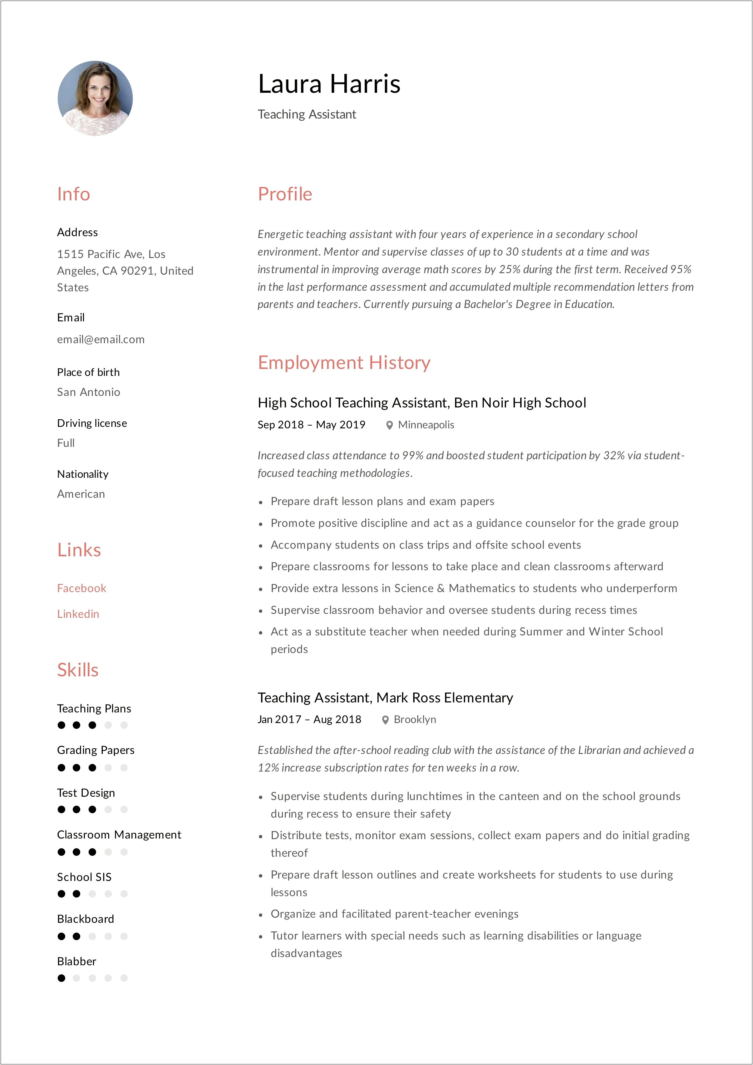 Jr High School Teacher Assistant Resume Sample