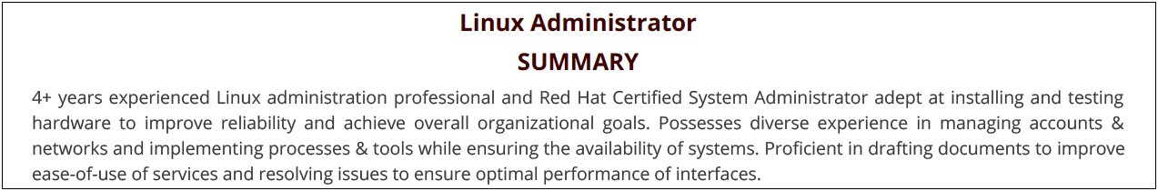 Jr Linux Unix Administrator Resume Usa Word Format