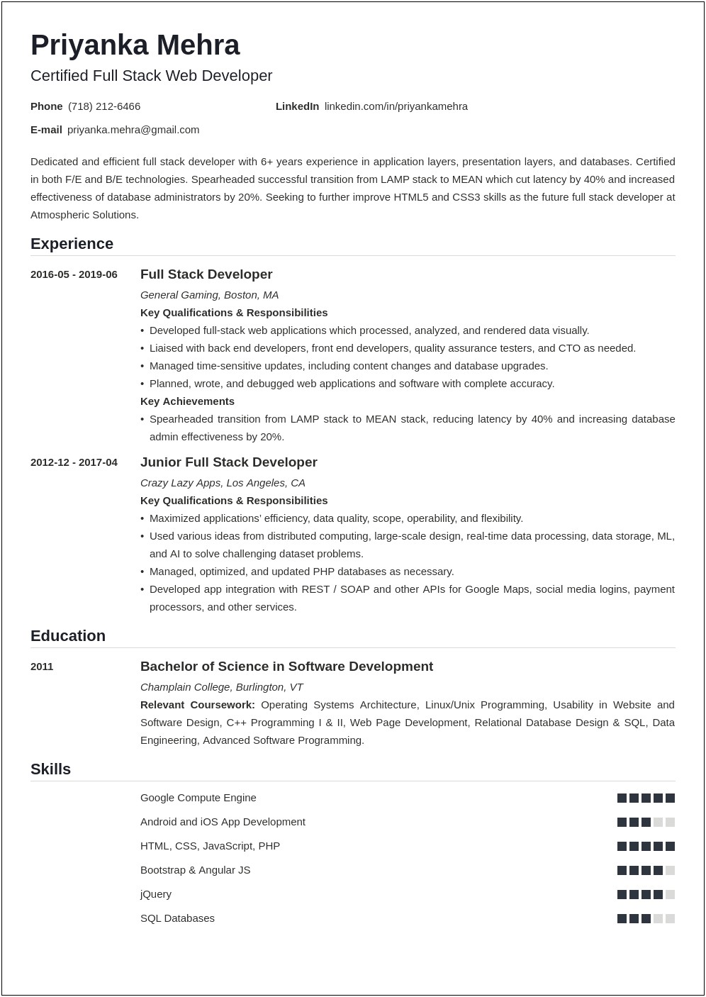 Junior Full Stack Web Developer Resume Objectives