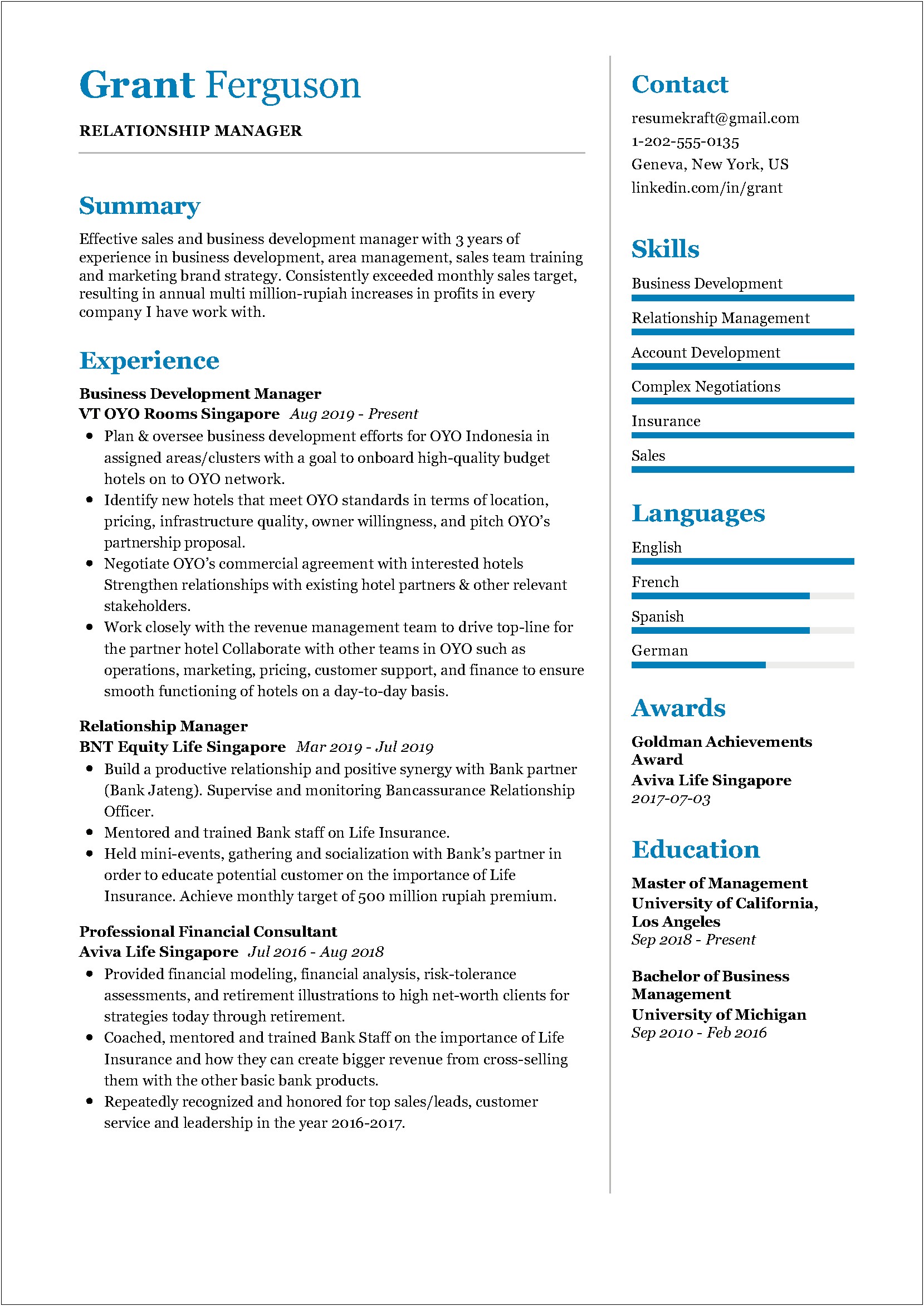 Key Resume Points For Development Manager