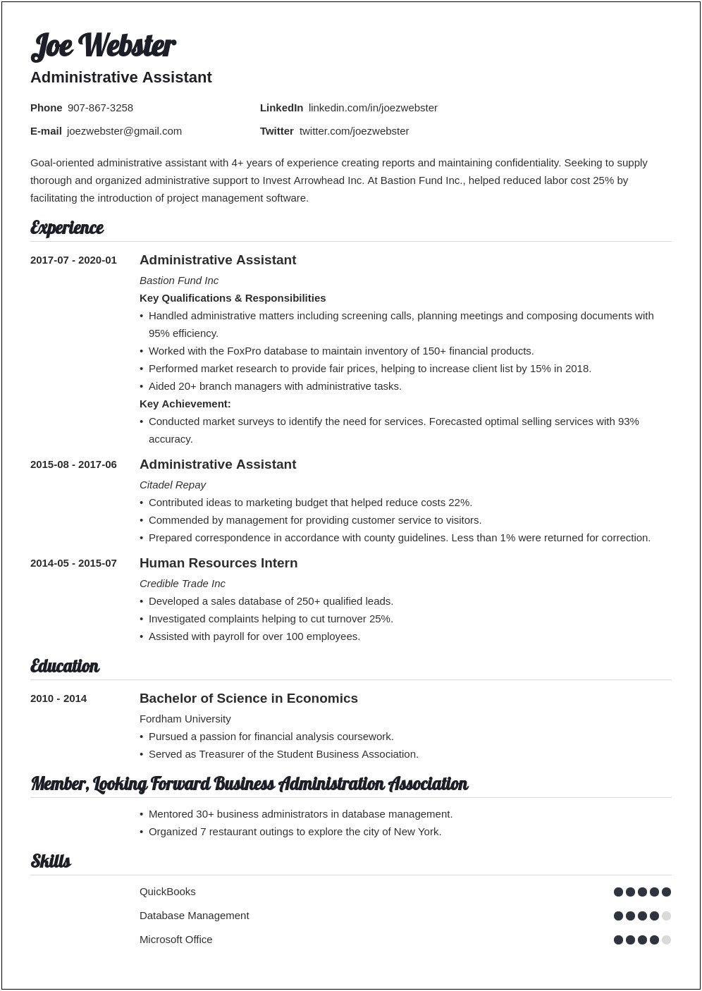 Key Skills Summary For Resume In Management