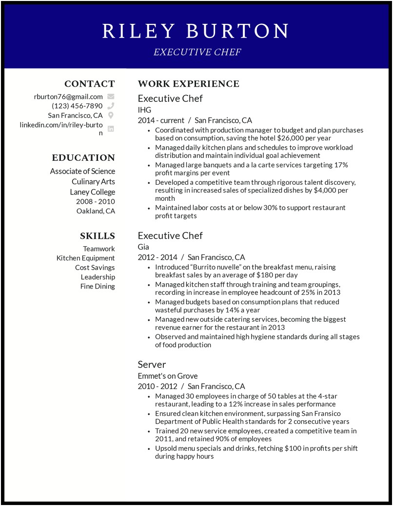 Key Words In Executive Chef Resume