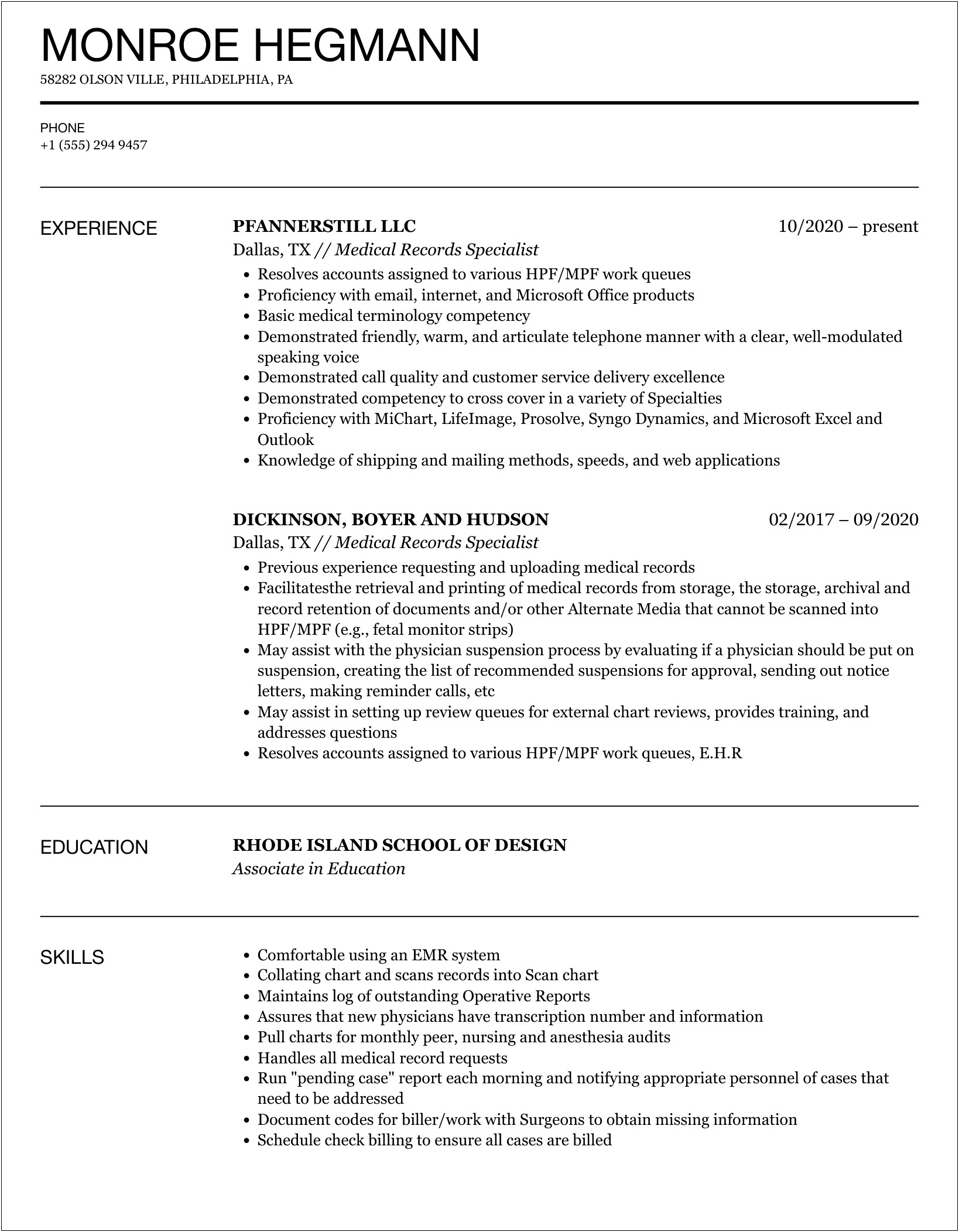 Lab Dumentation And Record Specialist Resume Samples