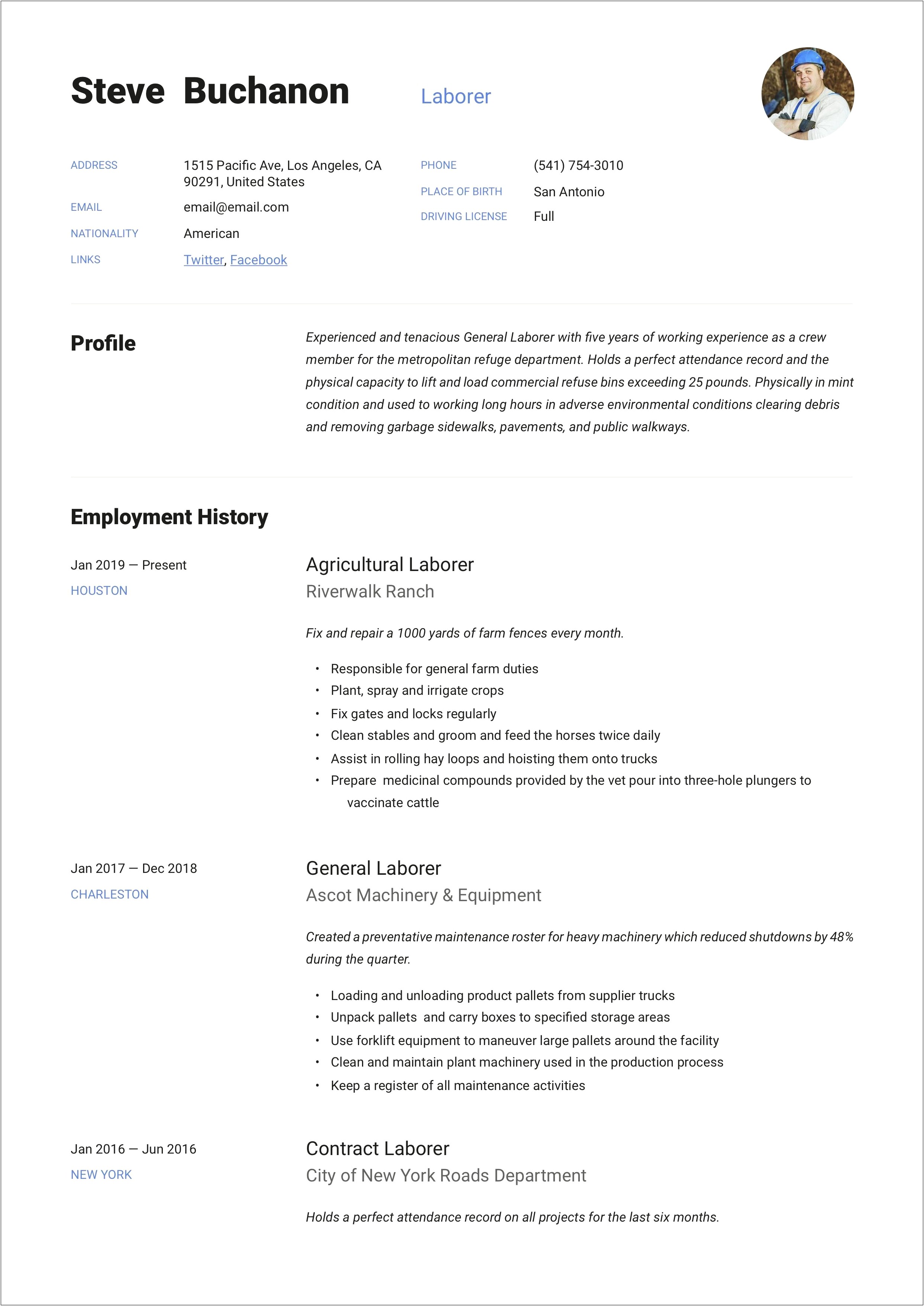 Laborer Skills And Qualifications For Resume